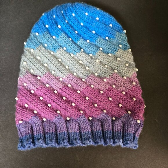 Handmade Knit Hat Faux Pearl Pink Blue Gray Swirl Design Warm Winter Wool Blend main image 7